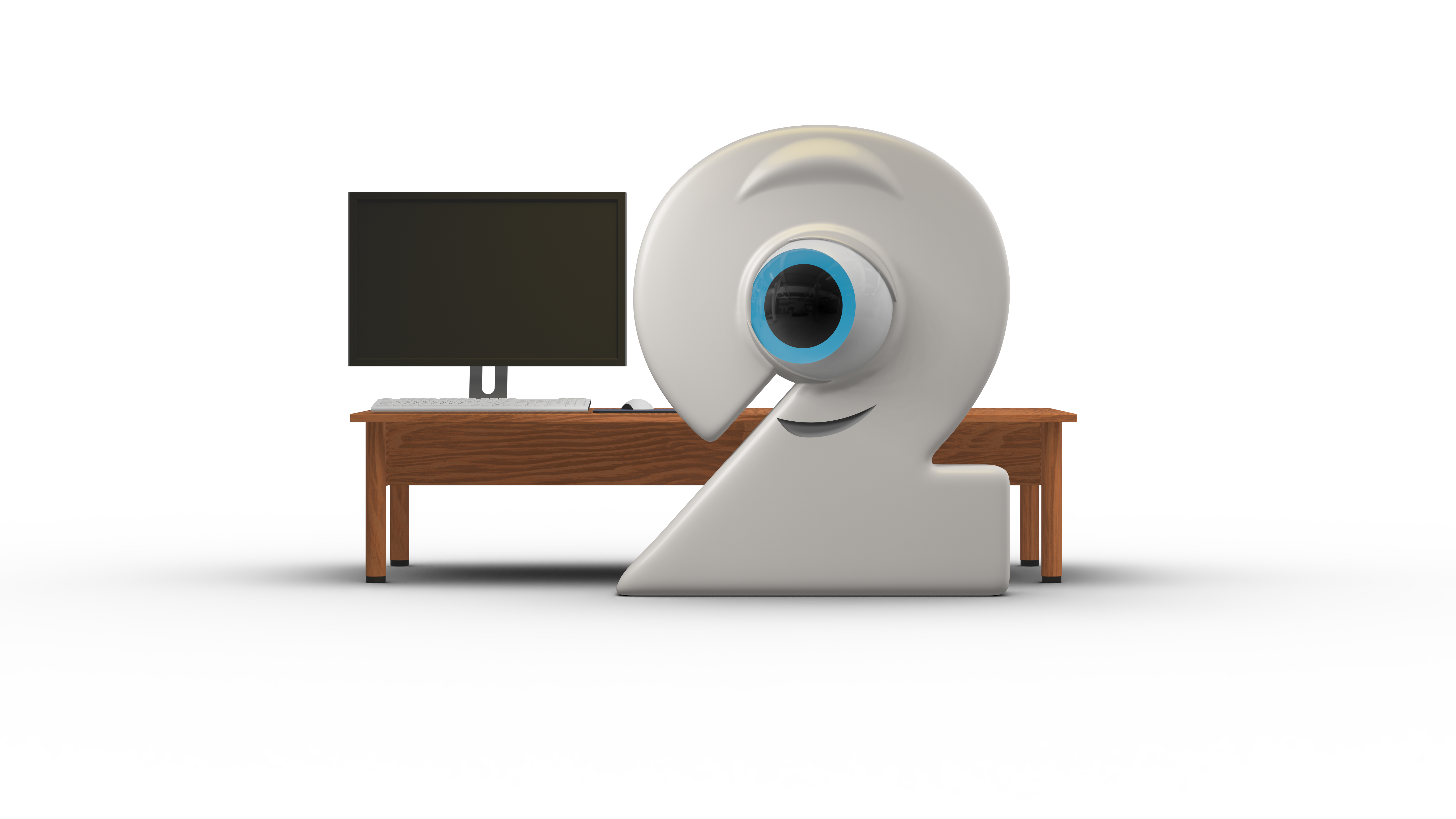 Das Maskottchen in Form einer Zwei mit großen Augen steht vor einem Schreibtisch mit Monitor.