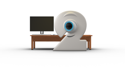 Twotsie at a desk with a monitor